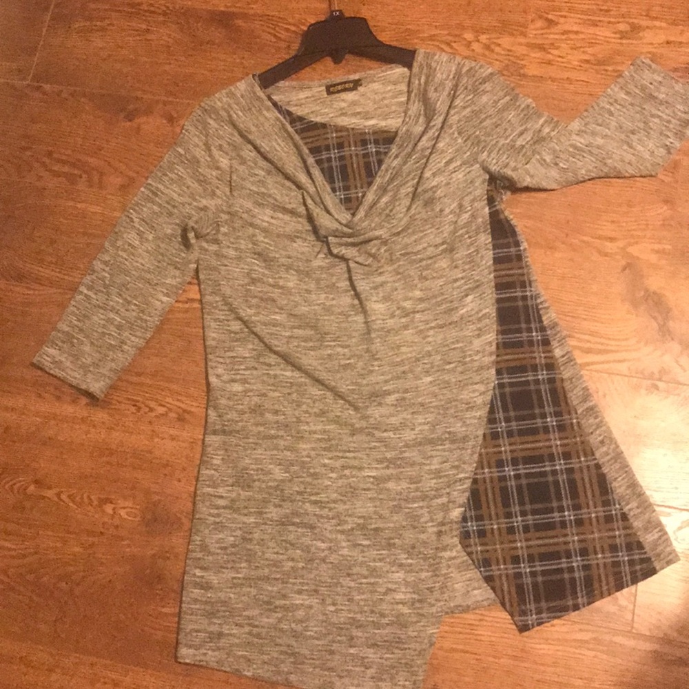 EUC Asymmetrical Tunic with plaid detail